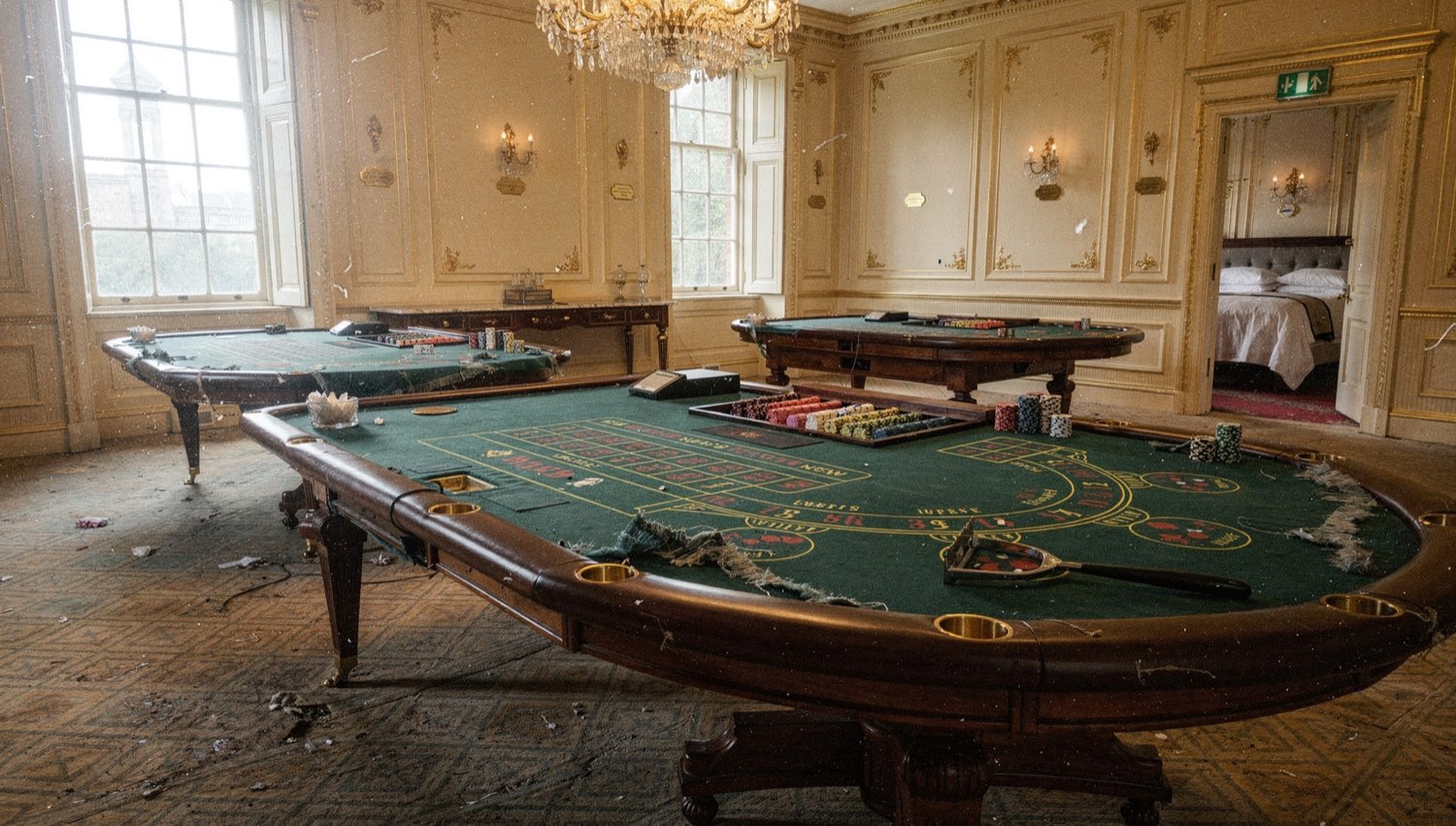 The gaming floor — green baize tables and brass plaques