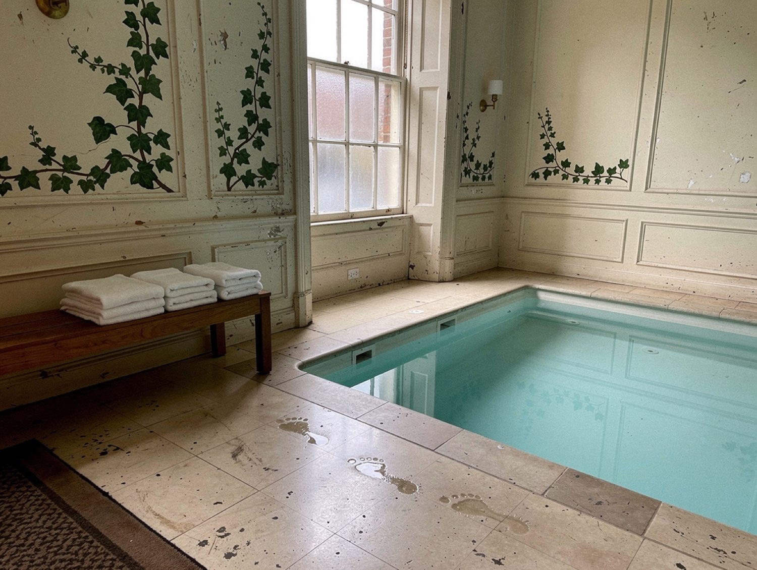The Ivory Palace spa pool — pale turquoise water, ivory stone tiles, sash window